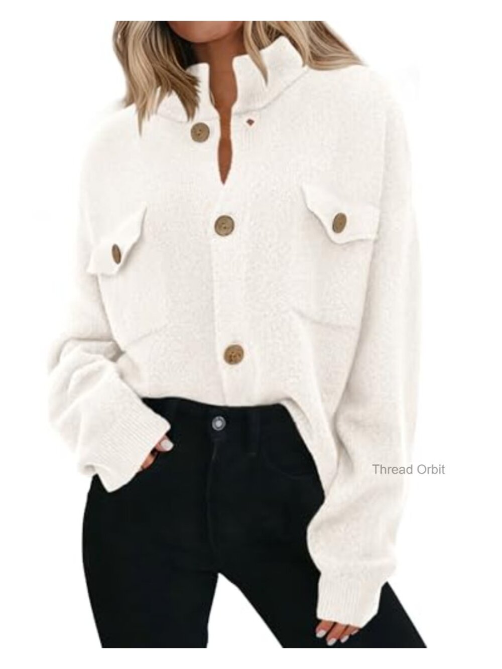 Chunky Knit Women's Cardigan - Button Up Mock Neck Long Sleeve Loose Fit